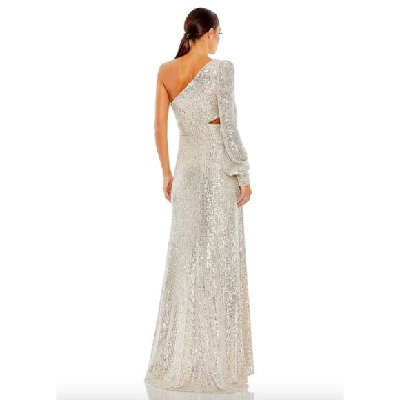 MAC DUGGAL Dress Size 8 Evening Gown Sequin Silver Cream NEW One Shoulder Puff - Picture 2 of 8